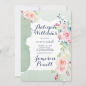 エレガントなミントグリーンとピンクの水彩花のウェディング 招待状 (正面)
