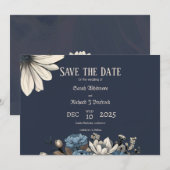 エレガントなムーディーなネイビーブルーの花柄 セーブザデート (正面/裏面)