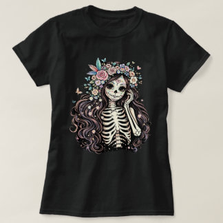 エレガントなメキシコの死者の日シュガースカル・ガール・フラワー Tシャツ