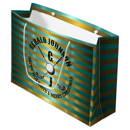 エレガントなメタリックグリーンゴールドゴルフモノグラム ラージペーパーバッグ (正面アングル)