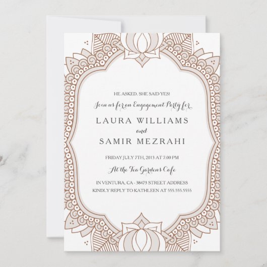 エレガントなメヘンディの結婚式のエンゲージメントパーティー 招待状 (正面)