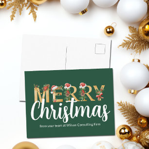 エレガントなメリークリスマス グリーン ゴールド カスタム企業 シーズンポストカード