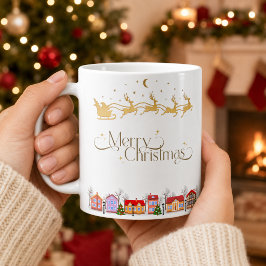 エレガントなメリークリスマス サンタのそりと村 コーヒーマグカップ