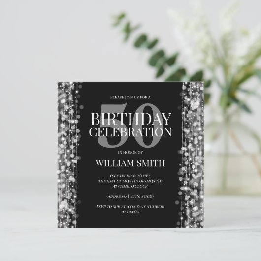エレガントなメンズ誕生会の輝きの銀 招待状 (スタンド正面)
