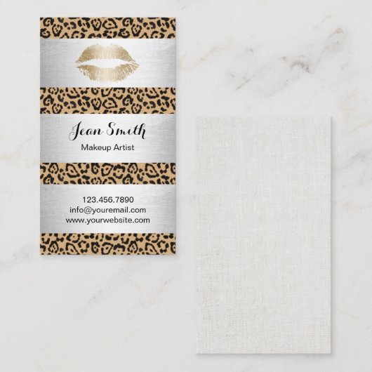 エレガントなメーキャップアーティストのヒョウのプリントの銀のストライプ 名刺 (正面/裏面)