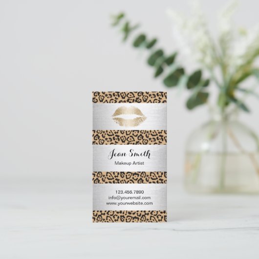 エレガントなメーキャップアーティストのヒョウのプリントの銀のストライプ 名刺 (スタンド正面)