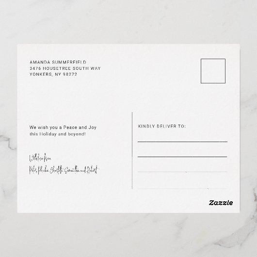 エレガントなモダンなクリスマスの家族写真 ゴールド 箔シーズンポストカード (裏面)