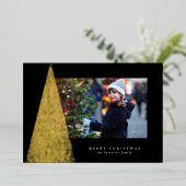 エレガントなモダンなクリスマスツリーの黒と金の写真 箔シーズンカード (立ち正面)