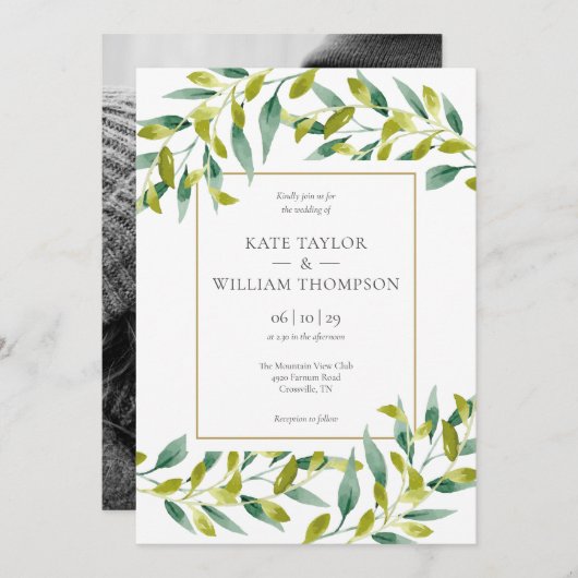 エレガントなモダンなグリーン写真ウェディング招待状 招待状 (正面/裏面)