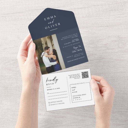 エレガントなモダンなネイビーブルーボホQRコードフォトRSVP オールインワン招待状 (貼ってはがせる)