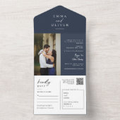 エレガントなモダンなネイビーブルーボホQRコードフォトRSVP オールインワン招待状 (内側)