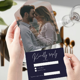 エレガントなモダンな濃紺の結婚式の写真付きRSVP オールインワン招待状
