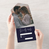 エレガントなモダンな濃紺の結婚式の写真付きRSVP オールインワン招待状 (貼ってはがせる)