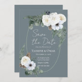 エレガントなモダンな白の花とスレートグレイの結婚式 招待状 (正面/裏面)