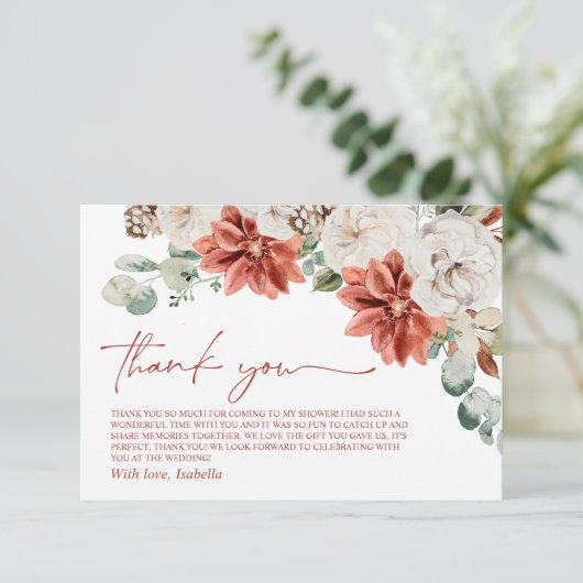 エレガントなモダンな赤い冬のクリスマス ブライダルシャワー サンキューカード (スタンド正面)