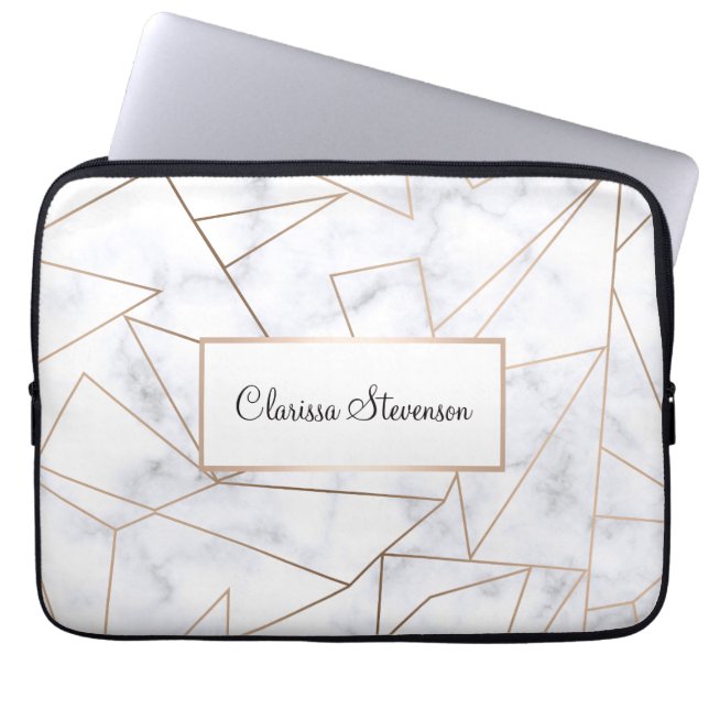 エレガントなモダンのばら色の金ゴールドの幾何学的で白い大理石 ラップトップスリーブ (正面)