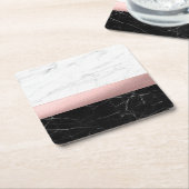 エレガントなモダンのゆとりの白黒の大理石のばら色の金ゴールド スクエアペーパーコースター (アングル)