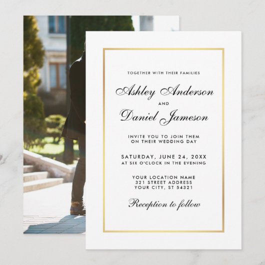 エレガントなモダンウェディング招待状 ブラック ホワイト - フォト 招待状 (正面/裏面)