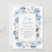 エレガントなモダンウォーターカラーブルーフラワーベビーショウ 招待状 (正面)