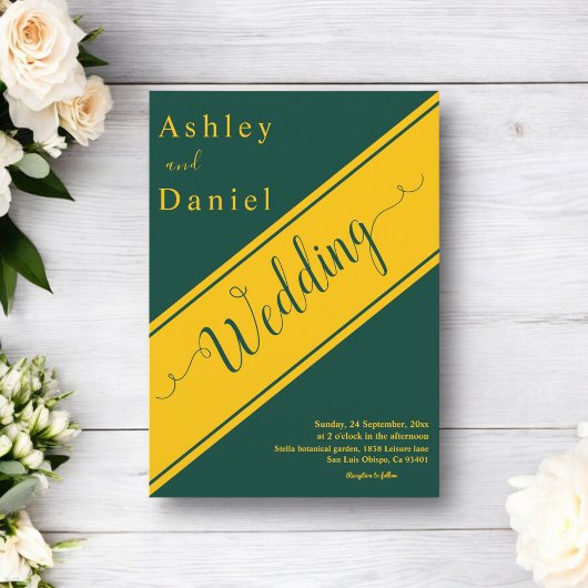 エレガントなモダングリーンとゴールドのラグジュアリーウェディング 招待状