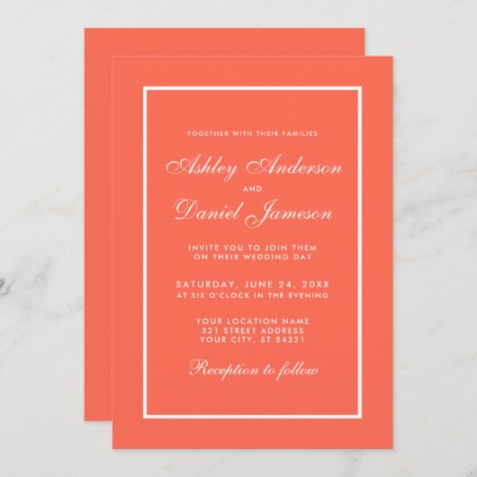 エレガントなモダンコーラルとホワイトの結婚式招待状 招待状 (正面/裏面)