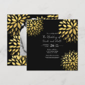 エレガントなモダンゴールド フローラル ブラック ウェディング 招待状 (正面/裏面)