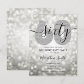 エレガントなモダンシルバー 60歳の誕生日パーティー 招待状 (正面/裏面)