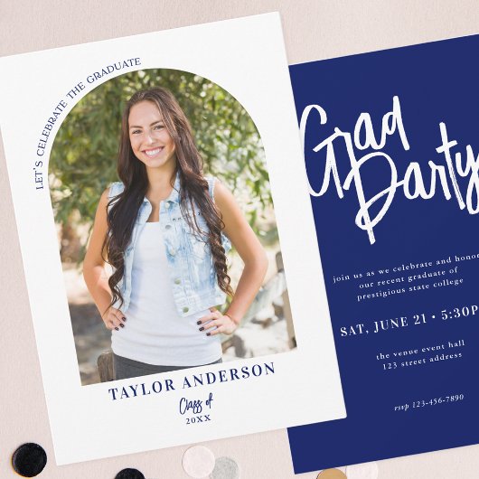 エレガントなモダンスクリプトアーチ写真ブルーグラッドパーティー 招待状