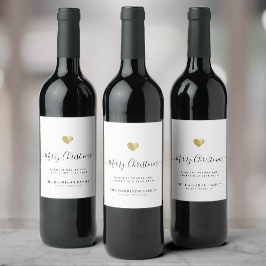 エレガントなモダンスクリプト ゴールドハート メリークリスマス ワインラベル