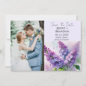 エレガントなモダンパープルライラック花の写真結婚式 セーブザデート (正面)