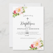 エレガントなモダンピンクの花の洗礼 招待状 (正面)