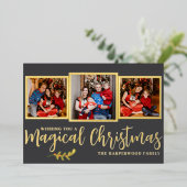 エレガントなモダンマジカルクリスマスファミリー3枚写真 箔シーズンカード (立ち正面)