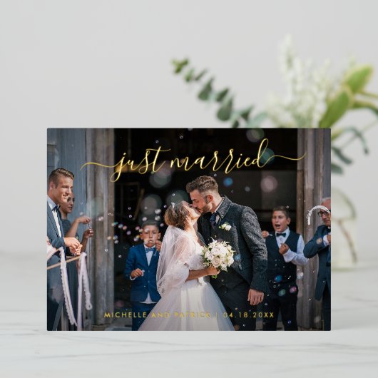 エレガントなモダン写真結婚式の披露宴 箔招待状 (立ち正面)