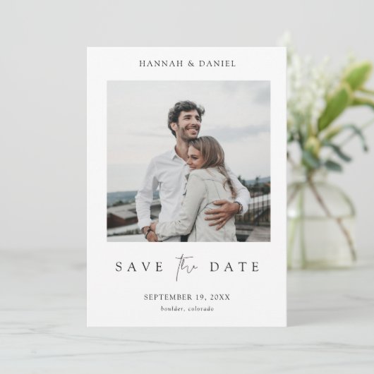 エレガントなモダン写真 ウェディング セーブ・ザ・デート カード (スタンド正面)