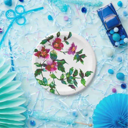 エレガントなモダン水彩の濃いピンクのワイルドフラワーズ ペーパープレート (パーティー)