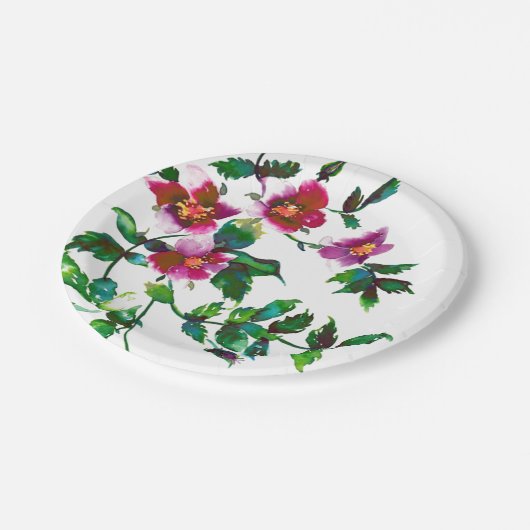 エレガントなモダン水彩の濃いピンクのワイルドフラワーズ ペーパープレート (アングル)