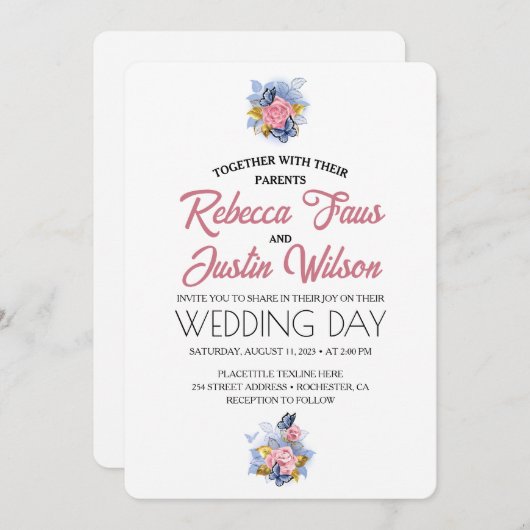 エレガントなモダン ダスティピンク ローズ フローラル 招待状 (正面/裏面)