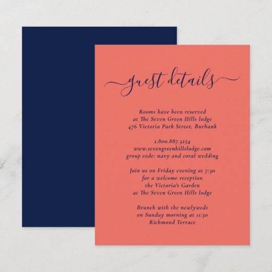 エレガントなモダン ネイビーブルーとコーラルの結婚式の詳細 エンクロージャーカード (正面/裏面)
