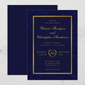 エレガントなモダン ネイビーブルーとゴールドのスクリプト結婚式 招待状 (正面/裏面)