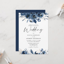 エレガントなモダン ネイビーブルーとシルバーの花の結婚式 招待状