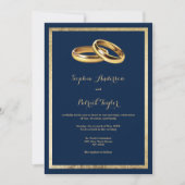 エレガントなモダン ネイビーブルー ゴールド リング 結婚式 招待状 (正面)
