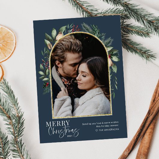 エレガントなモダン ネイビー ゴールド グリーンのアーチ写真 シーズンカード