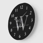 エレガントなモダン ブラック グレー モノグラム 名前 スクリプト ラージ壁時計 (傾斜)