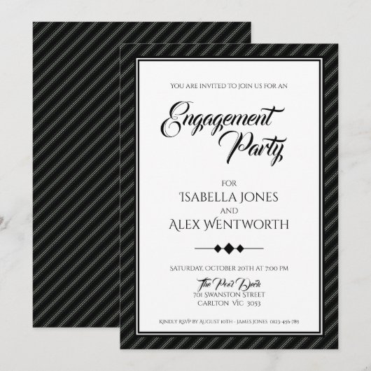 エレガントなモダン ブラック＆ホワイトのエンゲージメントパーティー 招待状 (正面/裏面)