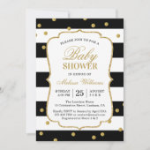 エレガントなモダン ブラック＆ホワイト ストライプ ベビーシャワー 招待状 (正面)