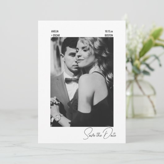 エレガントなモダン ブラック＆ホワイト 現代のウェディング セーブザデート (スタンド正面)