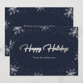 エレガントなモダン ブルー シルバー スノーフレーク ホリデー カード (正面/裏面)