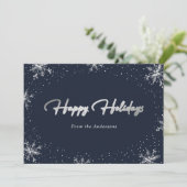 エレガントなモダン ブルー シルバー スノーフレーク ホリデー カード (スタンド正面)