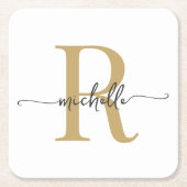 エレガントなモダン ホワイトゴールド モノグラム ネームスクリプト スクエアペーパーコースター (正面)