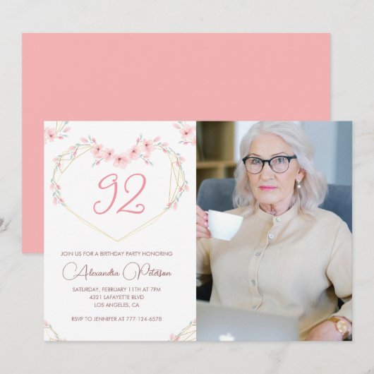 エレガントなモダン ボーホー フラワー フォト 92歳の誕生日 招待状 (正面/裏面)